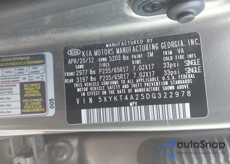 2013 Kia Sorento Lx V6 из США, поврежденный, VIN 5XYKT4A25DG322978